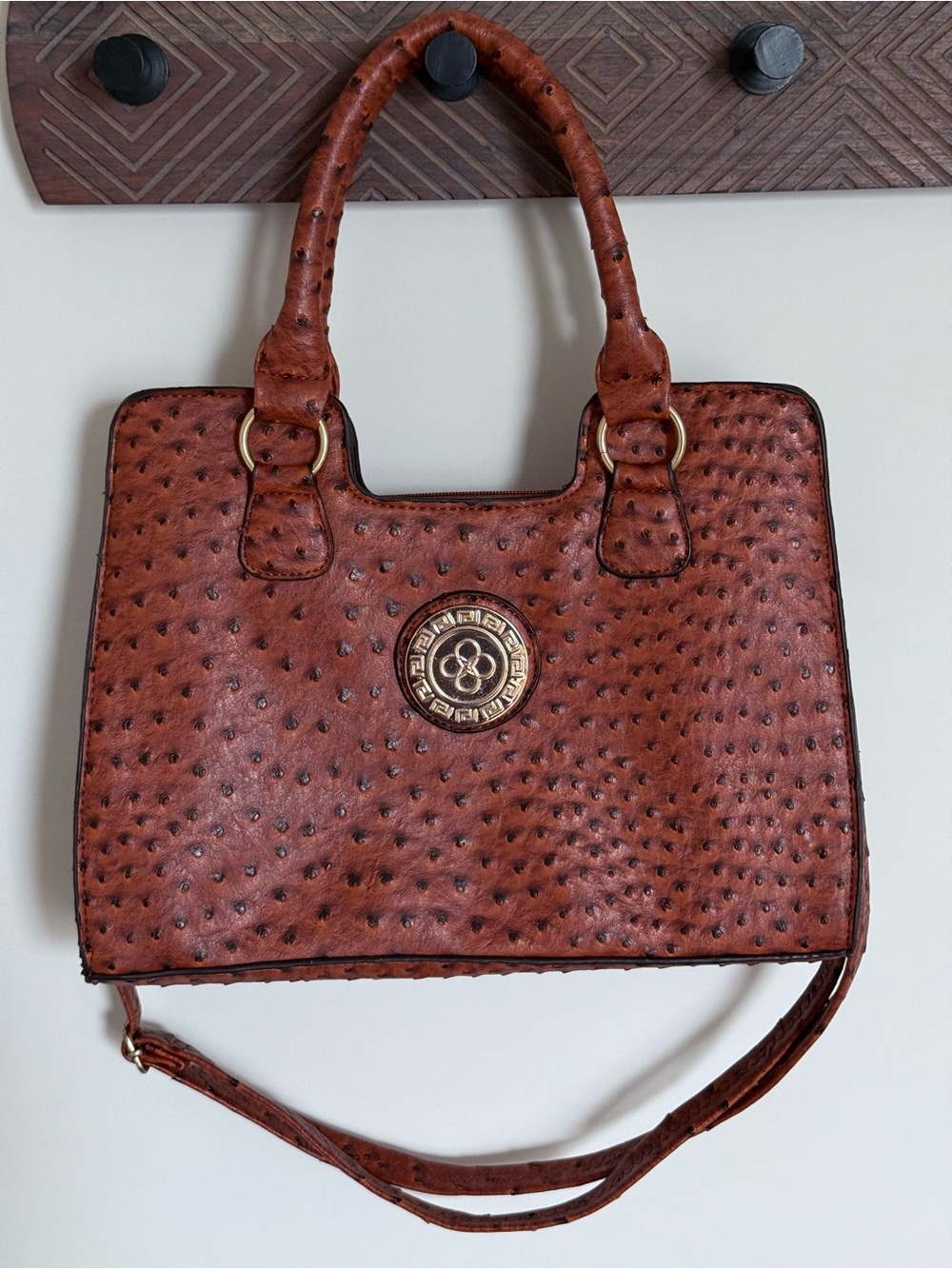 Brown Cognac Faux Leather Ostrich Embossed Satchel Shoulder Bag Tote Purse
